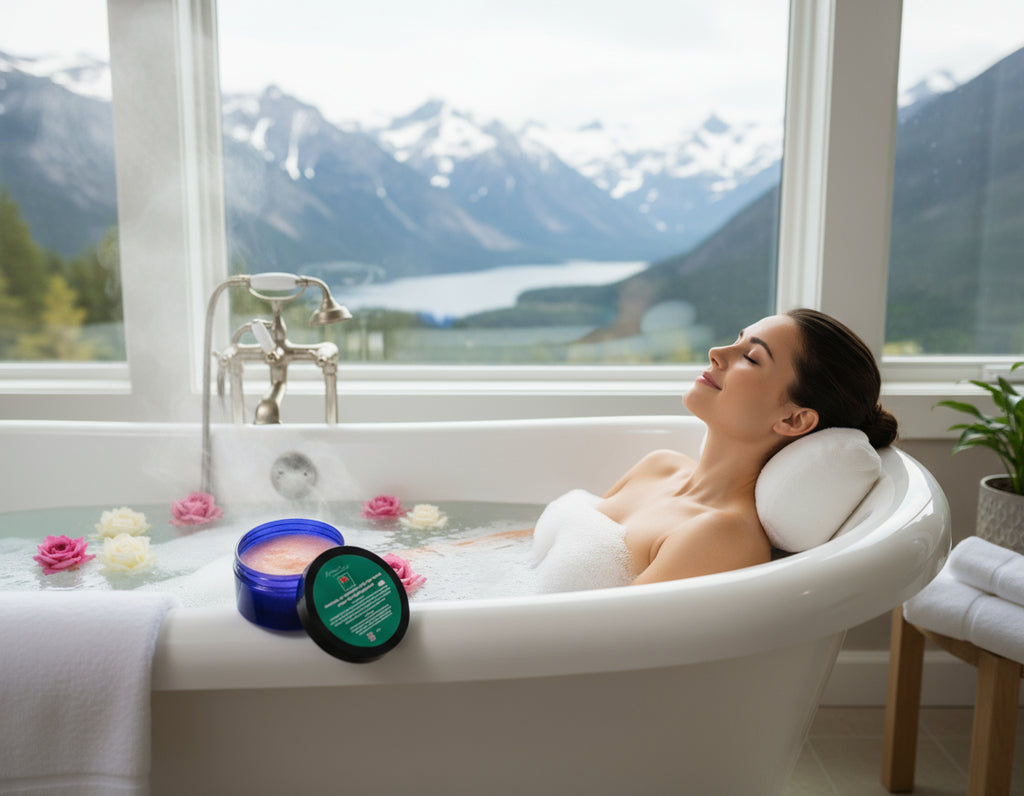 Cosmetic product with a blue lid and green label on a white background