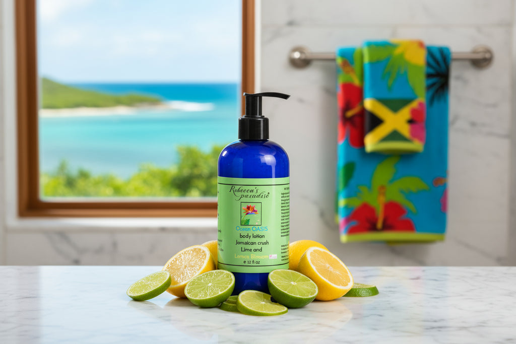 Blue bottle of body lotion with a green label on a white background